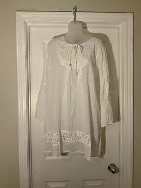 S.R. Fashion White Boho Cotton Tunic Dress with Crochet Lace Detail, XXL